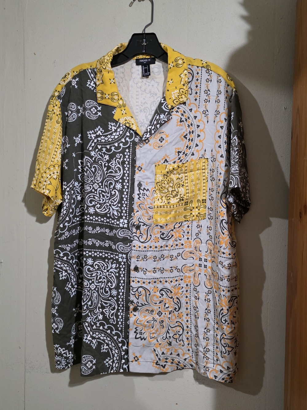 Forever 21 Yellow, Black & White Bandana Patchwork Button-Up Shirt